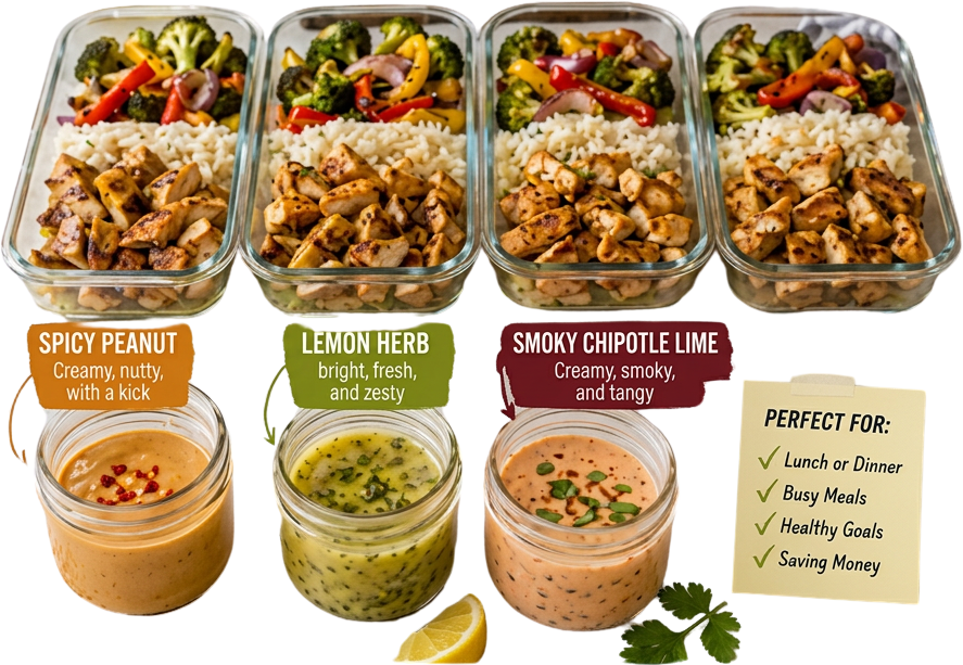 Weekly Chicken Meal Prep Bowls (3 Sauce Variations)